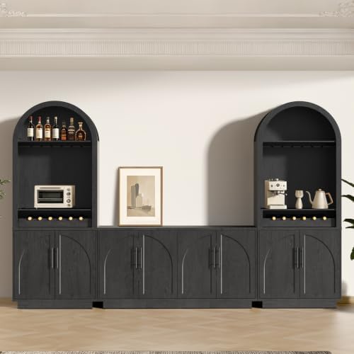 Fatmok Modular Entertainment Center & Coffee Bar with LED Lighting,Charging Station,Arched Wood Sideboard Buffet Cabinet,Modern Liquor&Wine Display Cabinet for Living Room,Black Grey(FAF,3-Piece) by Fatmok