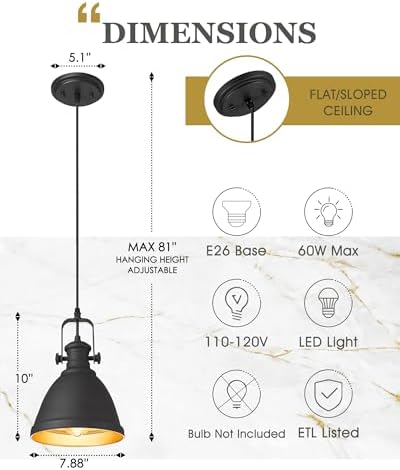 8" Black Pendant Light for Kitchen Island, Metal Shade - Image 2