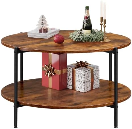 WLIVE Round Coffee Table, 32.6" Small Coffee Table with Storage Shelf, 2-Tier Circle Wood Center Table for Living Room, Apartment, Rustic Brown (Rustic Brown, 32.6" D x 32.6" W x 17.5" H) by WLIVE