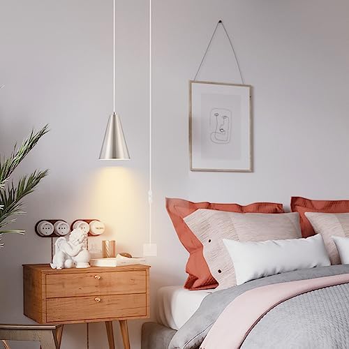 Brushed Nickel Plug In Pendant Light,Hanging Lights with Plug In Cord On/Off Switch, Mini Silver Pendant Lights for Kitchen Island,Modern Chandelier with Metal Shade,Hanging Lamps for Bedroom - Image 2