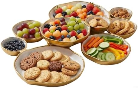 Cluster of 9 Round Serving Bowls, 9-Piece on 22-Inch Gold Tray, for Snacks Dips Appetizers at Parties Weddings Entertaining, Decorative Multi-Bowl Platter, White by Unknown