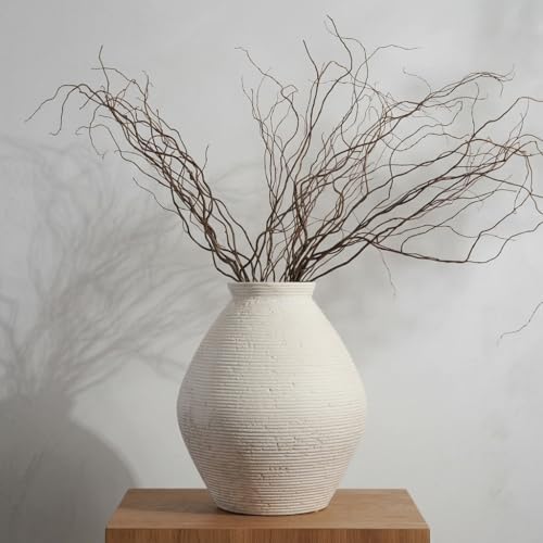 Large White Distressed Ceramic Vase, Rustic Ribbed Textured Floor Vase for Living Room Decor, Handmade Modern Farmhouse Vase for Pampas Grass (Cool-White) - Image 4