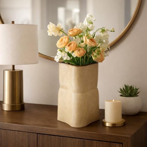 Modern Hourglass Vase for Home Decor - Ceramic Earthenware for Bathroom, Bedroom, Kitchen, and Living Room Styling - Flower Pot Accent for Office Shelf, Console, and Mantel Display - 12", Tan - Image 3