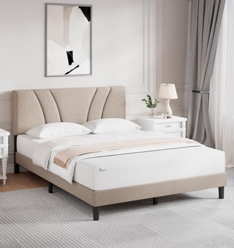 Novilla Queen Bed Frame with Headboard, Linen Upholstered Bed Frame Queen Size with Wood Slats Support, No Box Spring Needed, Heavy Duty Feet, Easy Assembly, Light Beige by Novilla