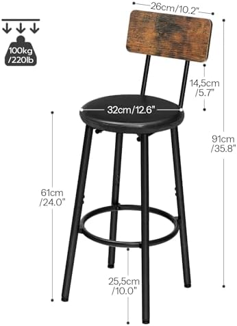 HOOBRO Bar Stools, Bar Stools Set of 2 with PU Upholstered, Bar Chairs with Footrest and Back, 26" Bar Stools for Kitchen Island, Dining Room, Easy to Assemble, Rustic Brown and Black BF31BY01G2 - Image 3