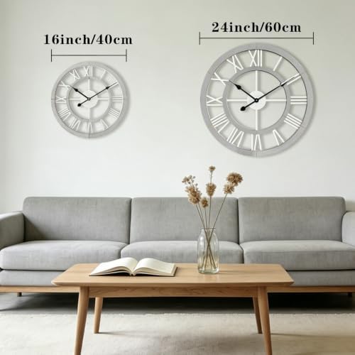 16 Inch Rustic Wall Clock Silent Non-Ticking Wooden Wall Clocks with Roman Numerals Farmhouse Decorative Clock for Living Room Bedroom Office (Grey) - Image 3