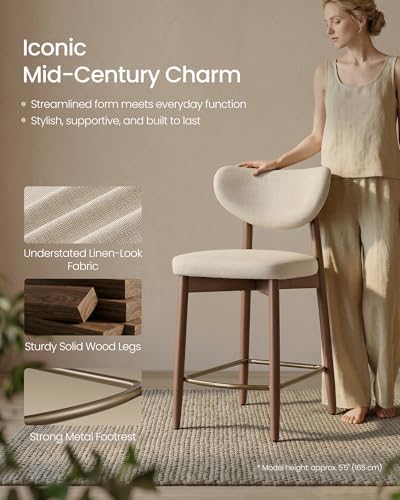 VASAGLE Wooden Bar Stools Set of 4, Linen-Look Fabric, Cappuccino Beige - Image 4