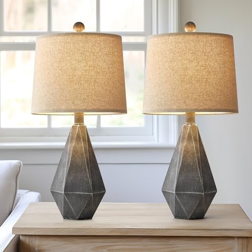 PoKat 20.25" Rustic Farmhouse Table Lamp Sets of 2 for Living Room Bedroom Deep Grey Contemporary Classic Bedside Nightstand Lamp with White Fabric Shade, Suitable for Small Place - Image 5