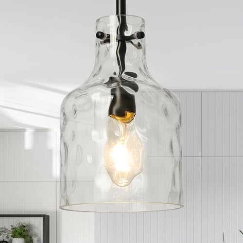 WILON Industrial Glass Pendant Lights for Kitchen Island, Modern Black Pandent Light Fixture 7" Hammered Glass Shade Farmhouse Pendant Lights Adjustable Rod Hanging Light for Kitchen Sink Dining Room by WILON