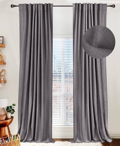 Faux Linen Total Blackout Curtains for Bedroom 84 Inches Long, Darkgray by 100BlackoutShield