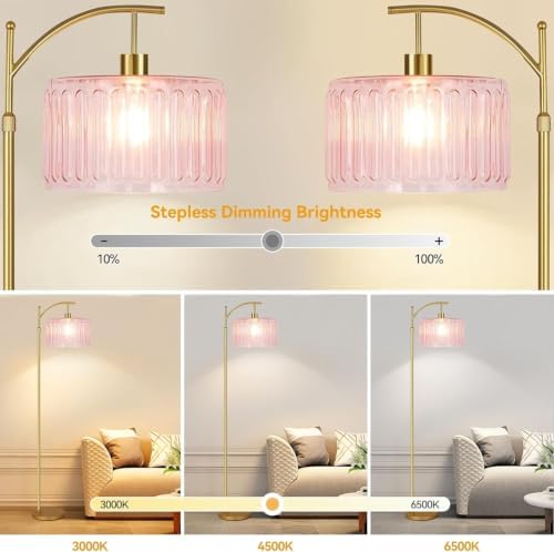 ILLMTW Pink Floor Lamp for Living Room,Bedroom,Gold Dimmable Standing Lamp with Remote,Mid Century Modern Brass Tall Lamp Boho Floor Lamps Arc Stained Glass Flower Floor Light Lamp Girls kids Bohemian - Image 2