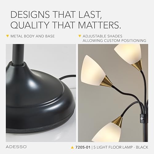 Adesso 5-Light Floor Lamp, Black, Movable Shades, Adjustable, 67” - Image 4