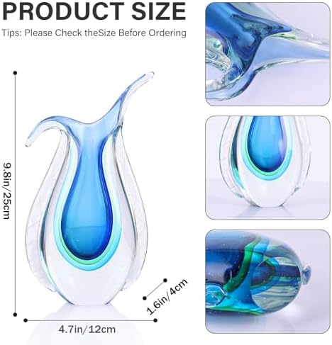 Blue Hand Blown Glass Vase – Oval Decorative Art Glass for Centerpieces, Murano Inspired Decor for Dining Room, Entryway Table, or Shelf, Handmade Glass Vase for Home Display (Blue Green) - Image 2