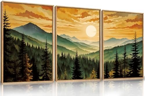 LHIUEM Large Boho Sunset Mountain Framed Canvas Wall Art,Retro Pine Tree Wall Decor,Nature Foggy Forest Wall Painting,Bohemian Landscape Artwork for Living Room,Bedroom,Dining Room,Office -16"x24"x3 by LHIUEM