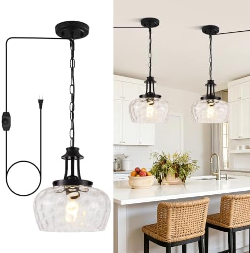 Plug in Pendant Lights Kitchen Island, Modern Matte Black Pendant Light Fixtures with 10" Clear Hammered Glass Shade, Industrial Hanging Pendant Lights Fixture for Kitchen Island Dining Room Entryway by BringBrightnesstoYourLife