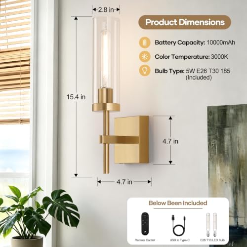 Wireless Wall Sconces with Remote Control, 10000mAh Battery Operated Wall Sconce Set of 2, Brush Gold Rechargeable Dimmable Wall Lights for Bedroom Living Room Bathroom Hallway Entryway, 3000K - Image 7