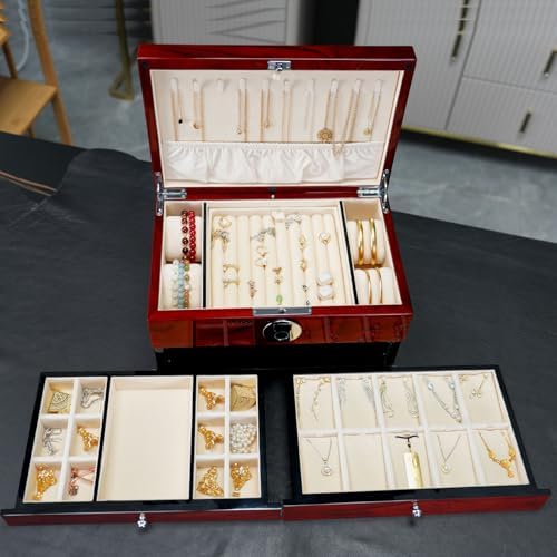 Wood Jewelry Box for Women, 3-layers Large Jewelry Storage Box&Organizer Fingerprint Lock, Drawers Full Locking, Mother Gifts (3L-RS) - Image 3