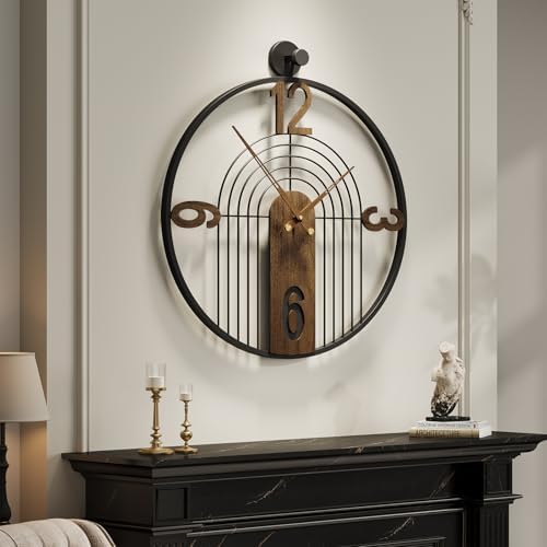 Cuspin 30 Inch Large Wall Clock Modern Black Metal Clock with Walnut Dial by Cuspin