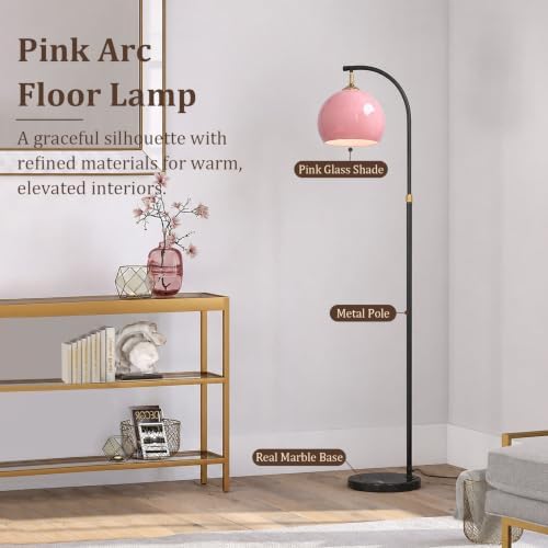 Pink Arc Floor Lamp with Natural Marble Base, Mid Century Modern - Image 4
