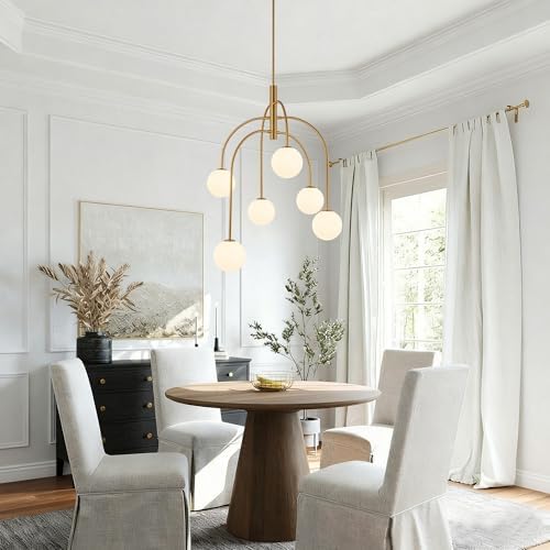 LamQee 6 Lights Mid Century Modern Chandelier, Milk Glass Globe Chandelier Light Fixture with Gold Metal & White Ball, Large Pendant Lighting Ceiling Hanging for Dining Room Kitchen Island Entryway - Image 3