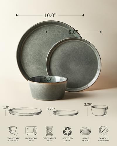 Pokini Ceramic Plates and Bowls Sets for 4, 12pcs Dinnerware Sets, Dish Set - Image 2