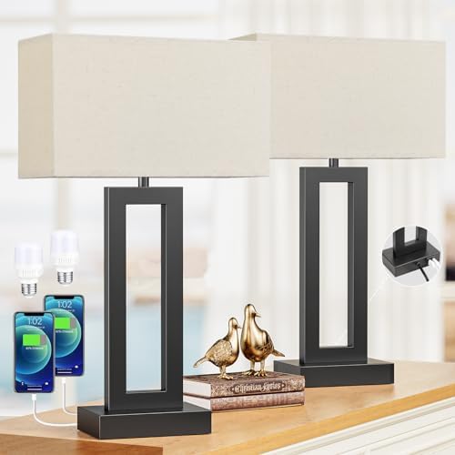 Seealle 22" Tall Living Room Lamps for Night Stands - Touch Bedside Lamp with USB C+A, 3 Way Dimmable Bedroom Lamps for End Tables Set of 2, Modern Night Stand Lamps for Bed Side(Beige&Black) by SeealleLighting