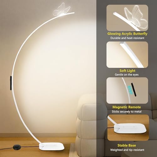 Arched Floor Lamp with Butterfly Design, Adjustable Brightness up to 2000 Lumens, Remote & Pedal Control, 3 Light Settings Standing Lamp for Living Room, Bedroom, Office (White) - Image 3