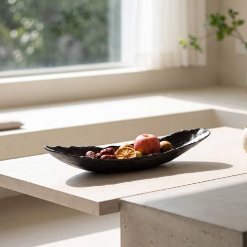 Decorative Serving Tray Cast Aluminum Artistic Centerpiece Multipurpose Bowl Long Boat Shape Textured Surface Suitable for Room, Bronze Gold, Small 520x140x100mm - Image 7