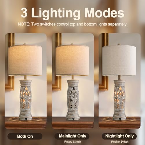 27.25”Farmhouse Table Lamps Set of 2 with Night Light, Rustic Bedside Lamp - Image 3