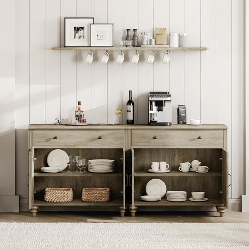 WAMPAT Modern Buffet Cabinet with 4 Doors and 2 Drawers, Wash Grey, 68 inch - Image 5