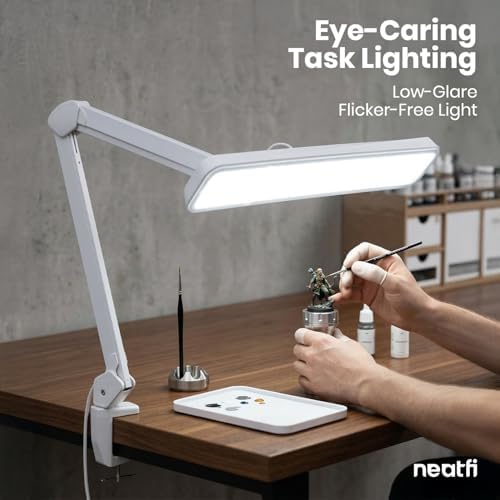 Neatfi XL 2,500 Lumens 30W LED Task Lamp for Manicure Table, Crafts, Workbench, Office – 22” Wide Shade Desk Light | Eye-Caring 6500K | 4-Level Brightness (White, Non-CCT with Clamp) - Image 3