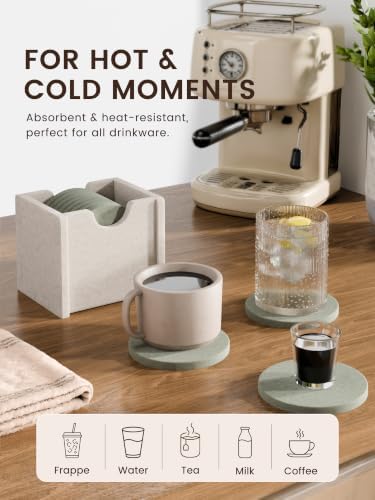 Fluxynara Felt Coasters with Holder, Set of 8 for Drinks, Sage - Image 5