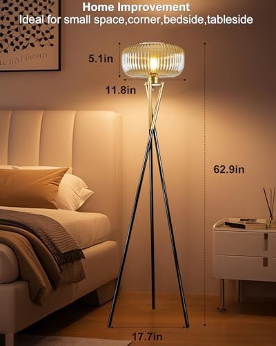 Lightdot Glass Tripod Floor Lamp for Living Room, Modern Gold&Black Standing Lamp with Ribbed Brown Glass Shade, Arc Tall Lamp for Bedroom/Reading Room/Sofa Beside/Corner Decor (Bulb Included) - Image 6