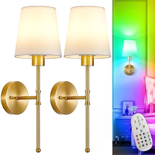Depuley Battery Operated Wall Sconce: Set of 2 19.99" Wireless Wall Lights with Remote for Bedroom - Rechargeable 15 Colors Gold Wall Lamp for Living Room Hallway Decor by Depuley