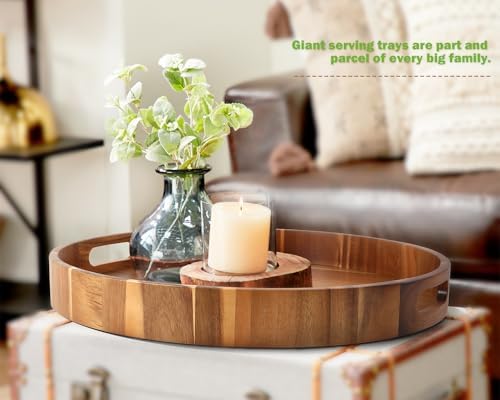 Extra Large Round Serving Tray, 20INCH, Heavy Duty Acacia Wood Trays for Big Ottoman Coffee Table Counter Giant Decorative Organizer Tray, Huge Kitchen Serveware Cheese Board Charcuterie Tray - Image 5
