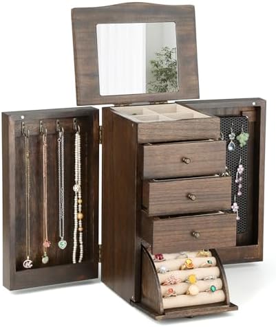 Meangood Jewelry Box Jewelry Organizer, 5-Layer Wooden Jewelry Organizers and Storage Boxes for Women Girls, Ring Earring Bracelet Necklace Holder Organizer with Mirror & Drawers (Walnut) by Meangood