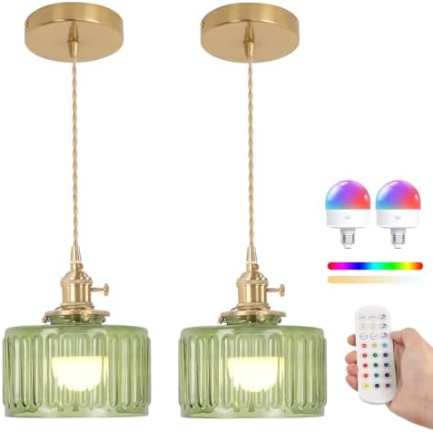 Shenmoyl Battery Operated Pendant Light 5000mAh Rechargeable Chandelier with Remote Control Wireless Adjustable Hanging Green Striped Light for Kitchen Island Dining Room Hallway, 2 Pack by Shenmoyl
