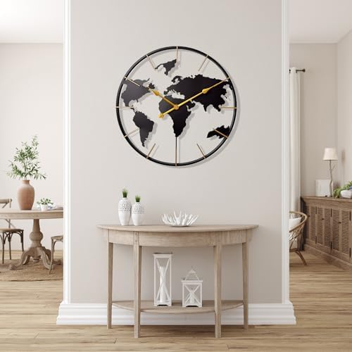 Large World Map Wall Clock,Metal Minimalist Modern Clock,Round Non-Ticking - Image 4