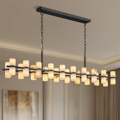 Alabaster Rectangular Chandelier for Dining Room, L54in Modern Chandeliers, Adjustable Marble Pendant Light Fixture, Rectangle Chandelier for Dining Table Living Room Kitchen Island(Black) by Unknown