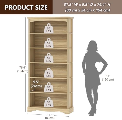 TVU 6-Tier Wooden Bookshelf, 76 Inch Tall Bookshelf with Storage, Floor Standing Modern Style Display Bookcase for Living Room, Office, Study Room, Entryway, Natural Wood Color - Image 2