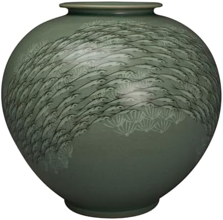 Korean Celadon Glaze Inlaid White Fish Design Green Porcelain Vase Ceramic Inlay Pottery Kitchen Home Decor Decorative Round Globe Jar by AntiqueAlive