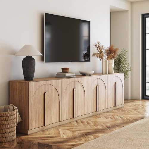 BELLEZE Set of 2 Bijou 64" Modern Buffet Sideboard, Mid-Century Arch Carved Wood Door Cabinet, Textured Storage Console for Living Room, Kitchen, Entryway - Camel - Image 5