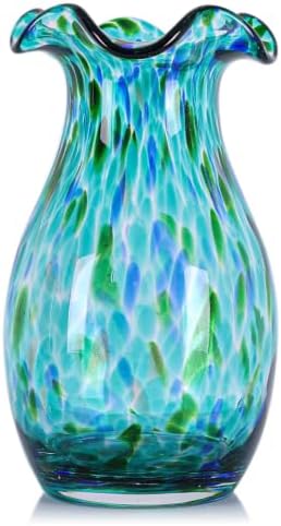 10.6in Hand Blown Blue Glass Vase – Wide Mouth Murano Bubble Art Glass Vase, Cobalt Blue Flower Vase for Coastal, Vintage, Colorful Home Decor, Vase Gift for Mom or Display (Green) by PlivBloom
