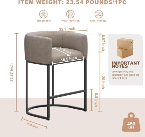 26" H Counter Height Bar Stools Set of 4, Modern Barrel Counter Stools with Backrest and Arms, Linen Fabric Upholstered Accent Barstools for Kitchen Island,Support 450 LBS (Sand) - Image 2
