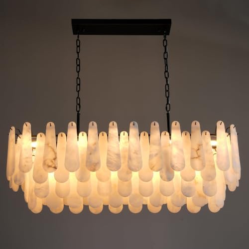 Chandeliers for Dining Room, L47.2 in Modern Alabaster Rectangle Black Chandelier, 4-Tiers Luxury Natural Stone Ceiling Light Fixture, White Marble Chandeliers for Kitchen Island Living Room Bedroom - Image 7