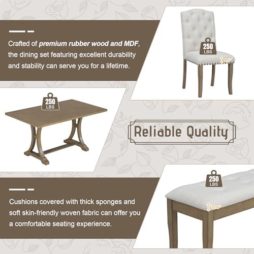 Harper & Bright Designs Classic and Traditional Style 6 - Piece Dining Set, Includes Dining Table, 4 Upholstered Chairs & Bench (White+Gray) (White+Gray) (Natural Wood Wash1) - Image 6