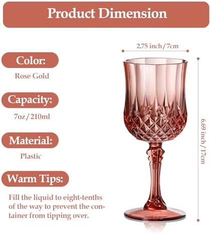 XUWAIDSGN 48 Pcs 7oz Plastic Vintage Wine Glasses Drinking Glasses Unbreakable Wedding Glassware Crystal Water Goblets Reusable Drinkware Vintage Champagne Flutes (48, Rose Gold) - Image 2