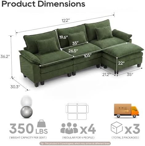 URRED Oversized Modular Sectional Sofa，Solid Green：122" L Shaped - Image 2