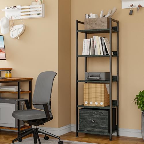 Furologee 5 Tier Bookshelf with Drawer, Kitchen Bakers Rack with Storage, Tall Narrow Bookcase, Industrial Free Standing Display Shelf, Wood and Metal Book Shelf for Bedroom, Living Room, Black - Image 6