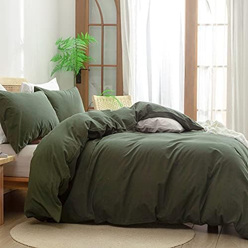 BESTOUCH Cotton Solid Duvet Cover Set Linen Feel Olive Green Oversized King - Image 3